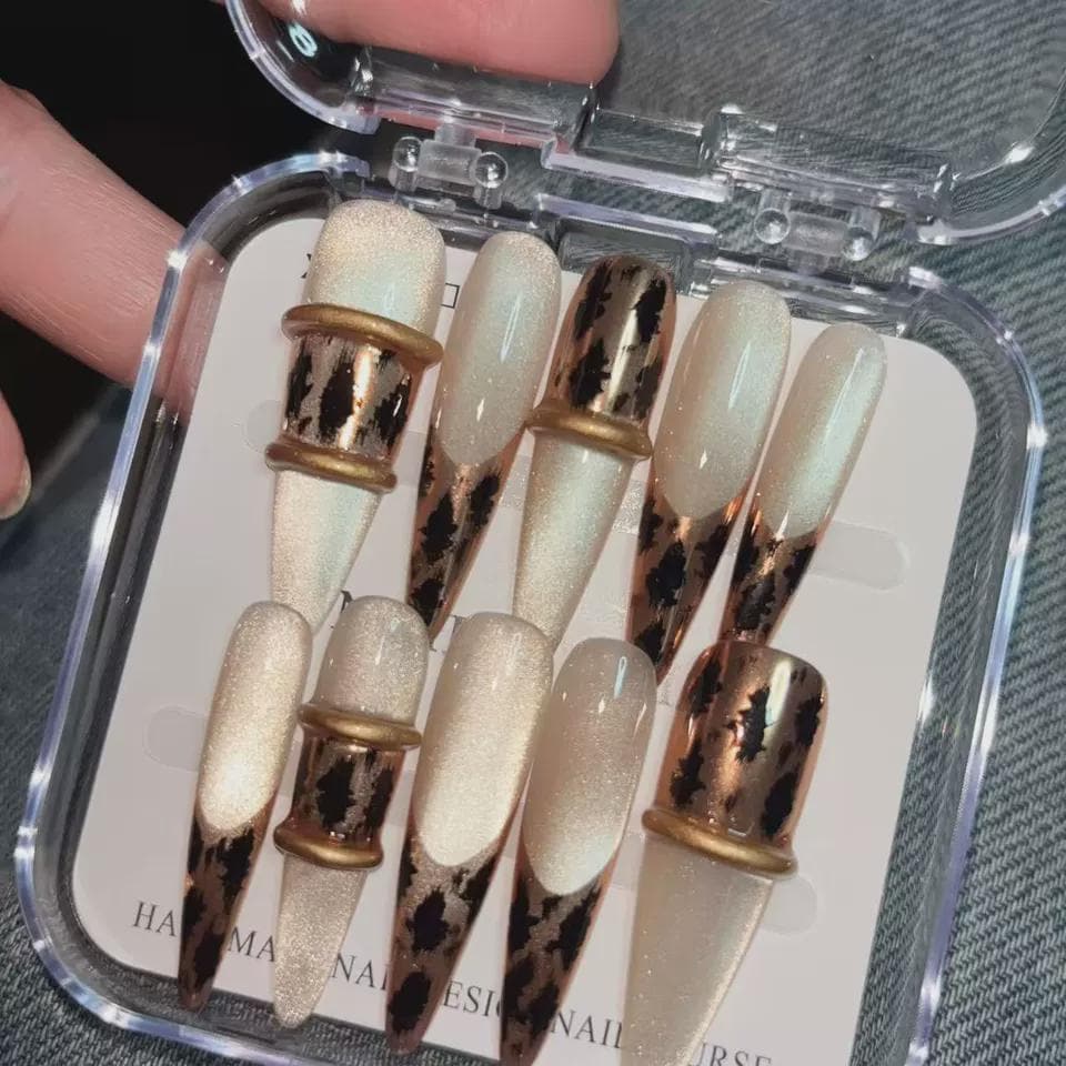 Leopard Press-On Nails – Nude Gold Animal Print – Glam Long Almond