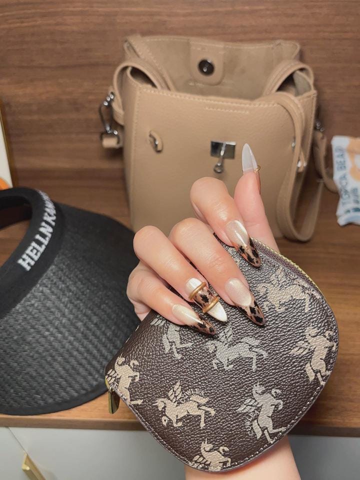 Leopard Press-On Nails – Nude Gold Animal Print – Glam Long Almond