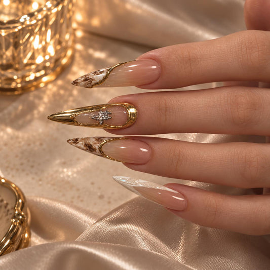 Gold Marble Press-On Nails – Nude Stiletto – Celestial Star Rhinestone