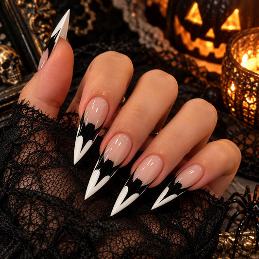Gothic Halloween Bat Press-On Nails – Black & White Stiletto – Spooky French Tips