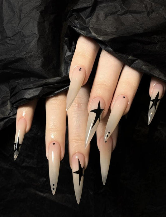 Gothic Star Press-On Nails – Black Celestial Stiletto – Halloween