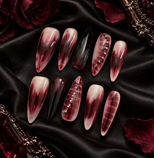 Blood Red Smoke Stiletto Press-On Nails – Gothic Black Studded – Halloween