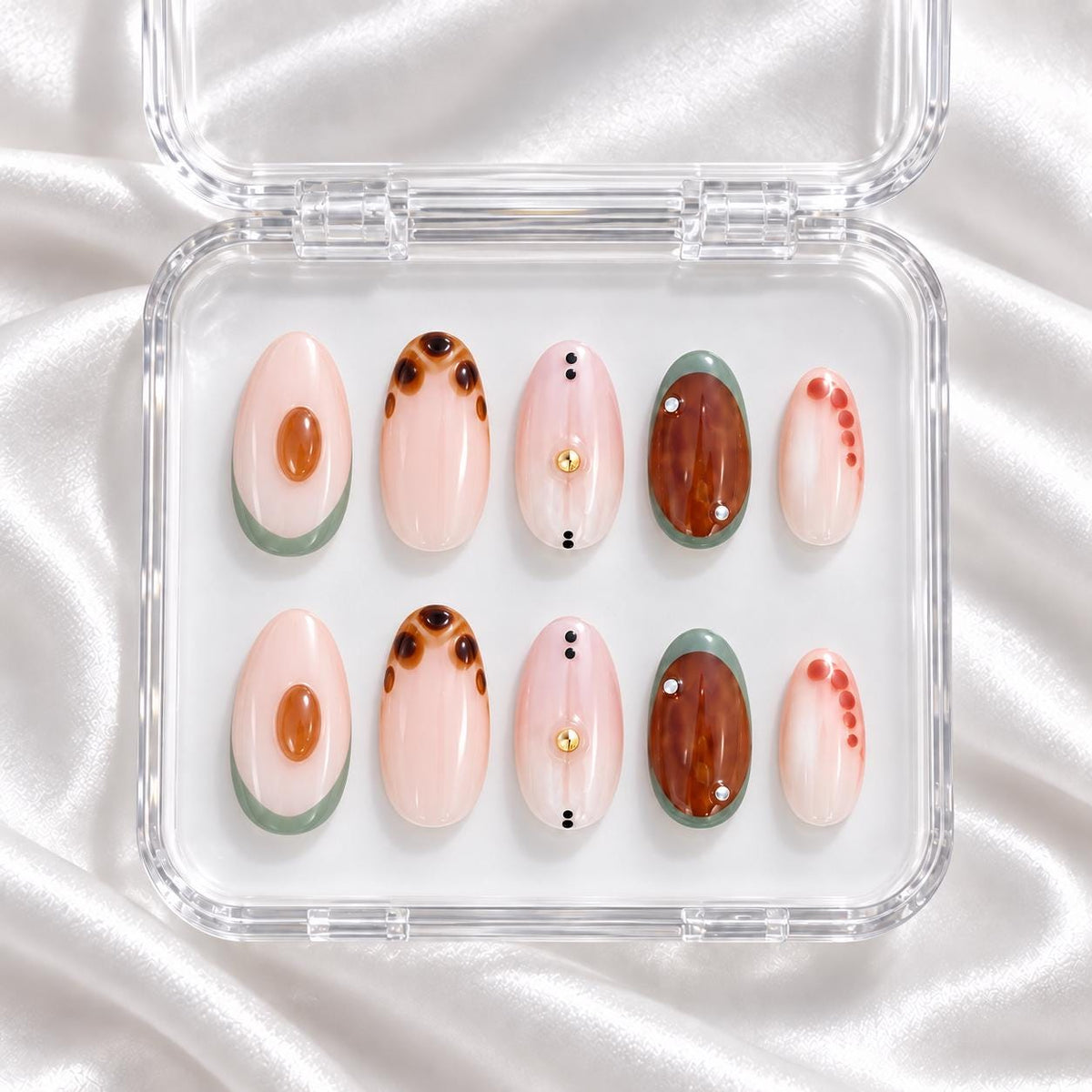 Abstract Tortoiseshell Press-On Nails – Brown Sage Green Almond