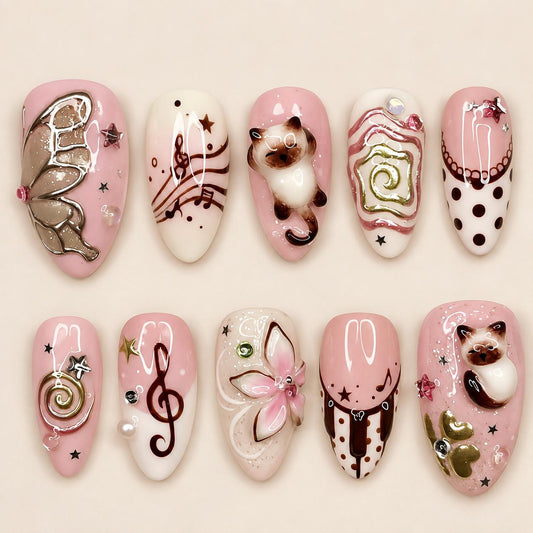 Pink Cat Press-On Nails – 3D Kawaii Coquette – Cute Bow & Music