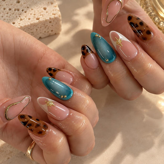 Tortoiseshell Teal Press-On Nails – Gold Star French Tip – Elegant Animal Print