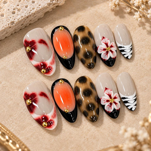 Tropical Tortoiseshell Press-On Nails – Floral Orange Black – Summer