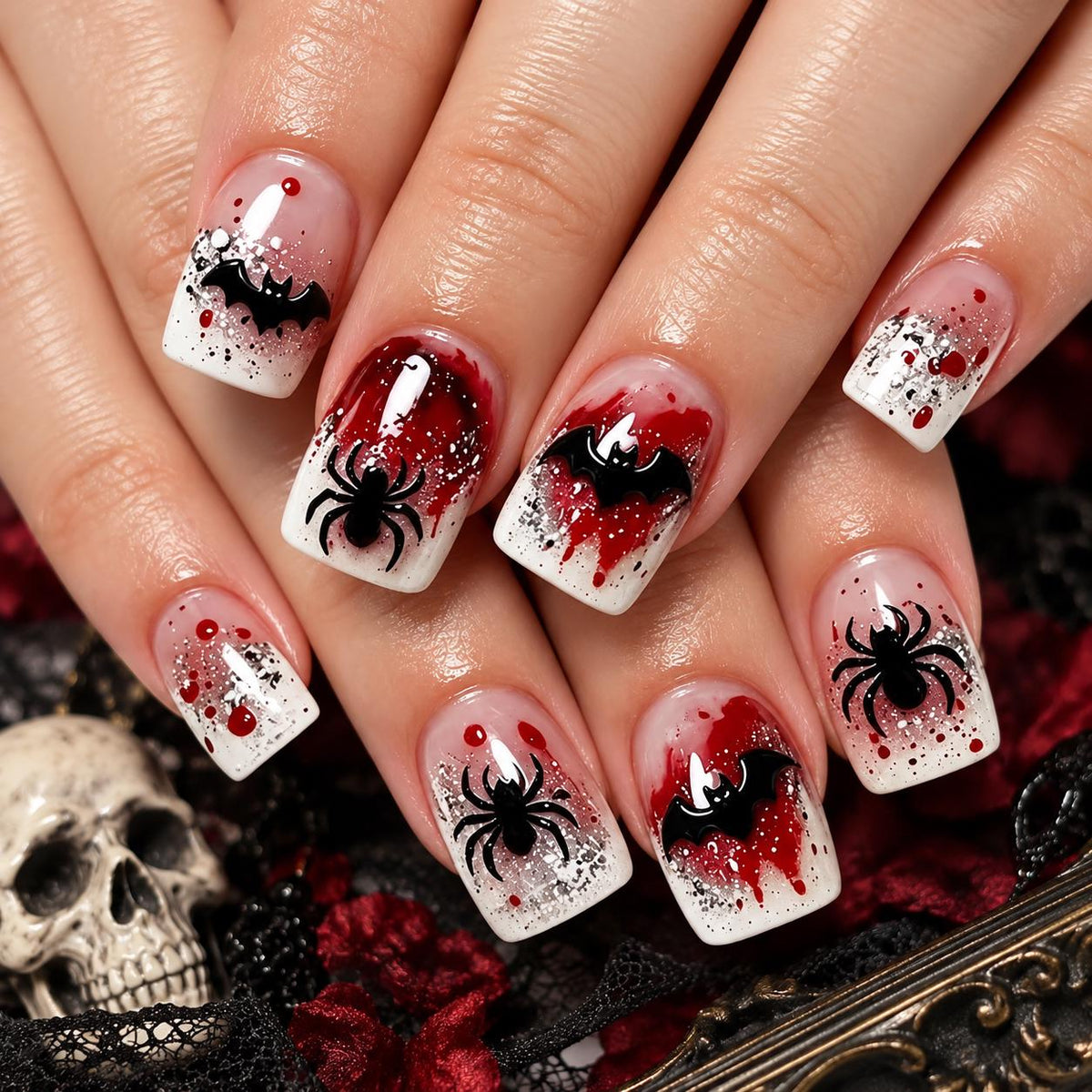 Halloween Press-On Nails – Bloody Bat Spider Gothic – Spooky Square