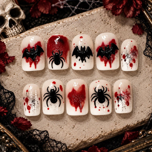 Halloween Press-On Nails – Bloody Bat Spider Gothic – Spooky Square