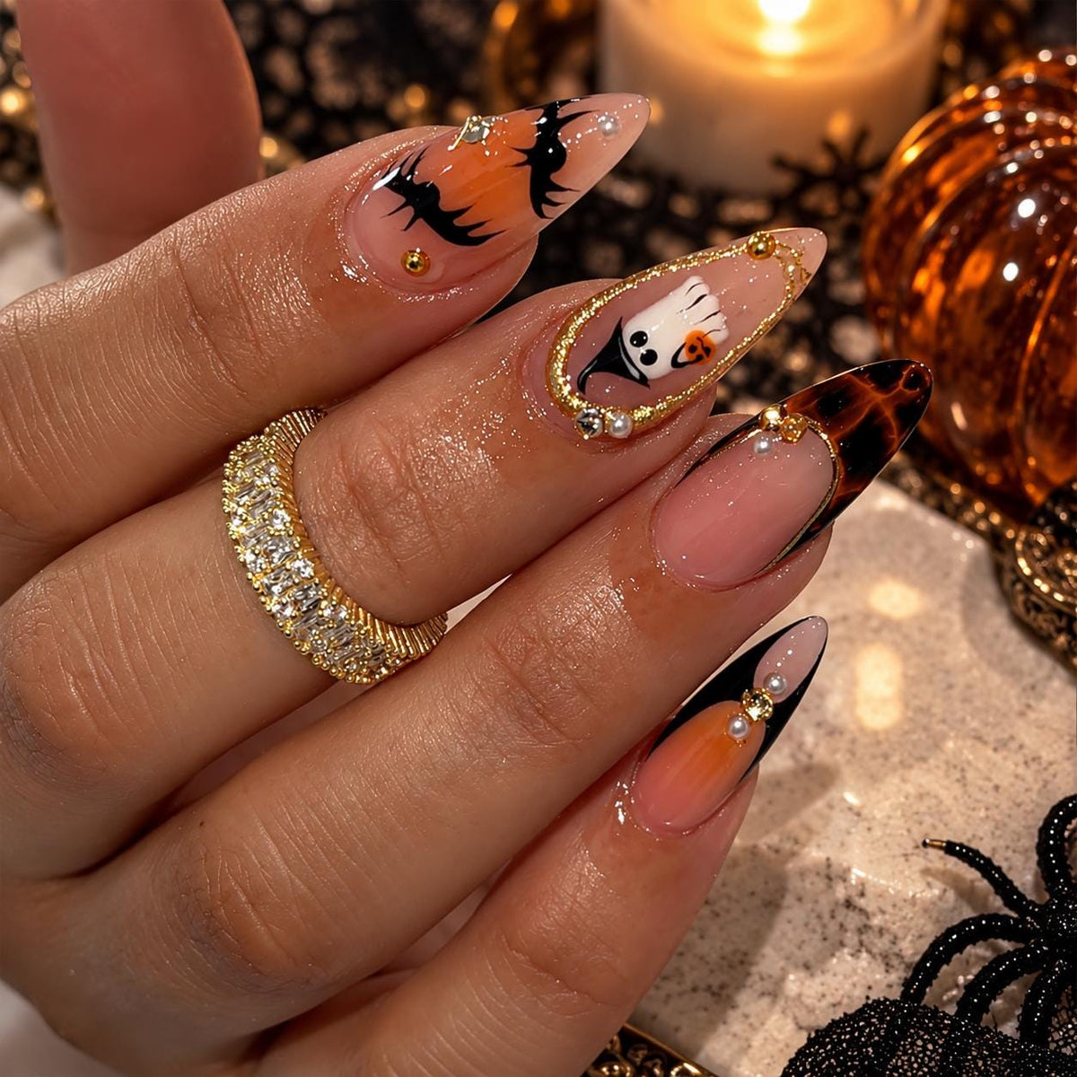 Halloween Press-On Nails – Ghost Bat Orange Gothic – Gold Charm Spooky