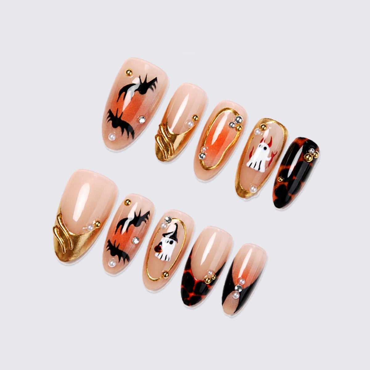 Halloween Press-On Nails – Ghost Bat Orange Gothic – Gold Charm Spooky