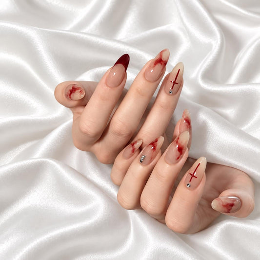 Crimson Ritual Halloween Press-On Nails – Bloody Cross Almond