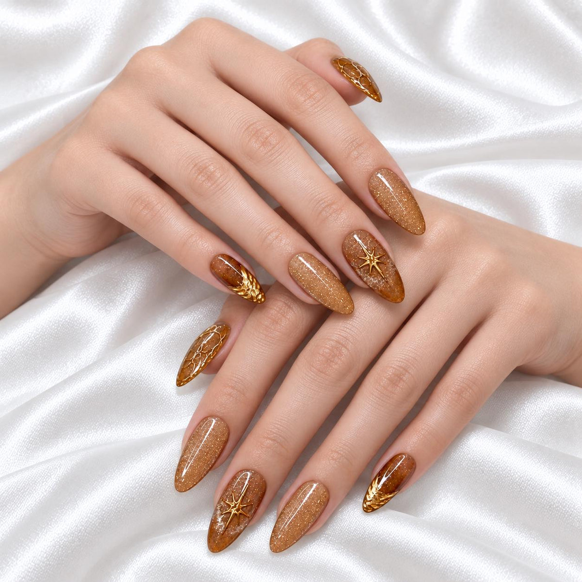 Golden Amber Celestial Press-On Nails – Shimmering Almond