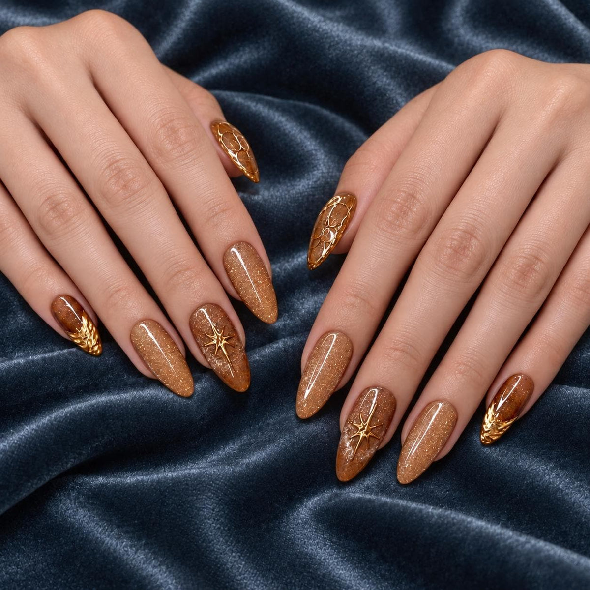 Golden Amber Celestial Press-On Nails – Shimmering Almond