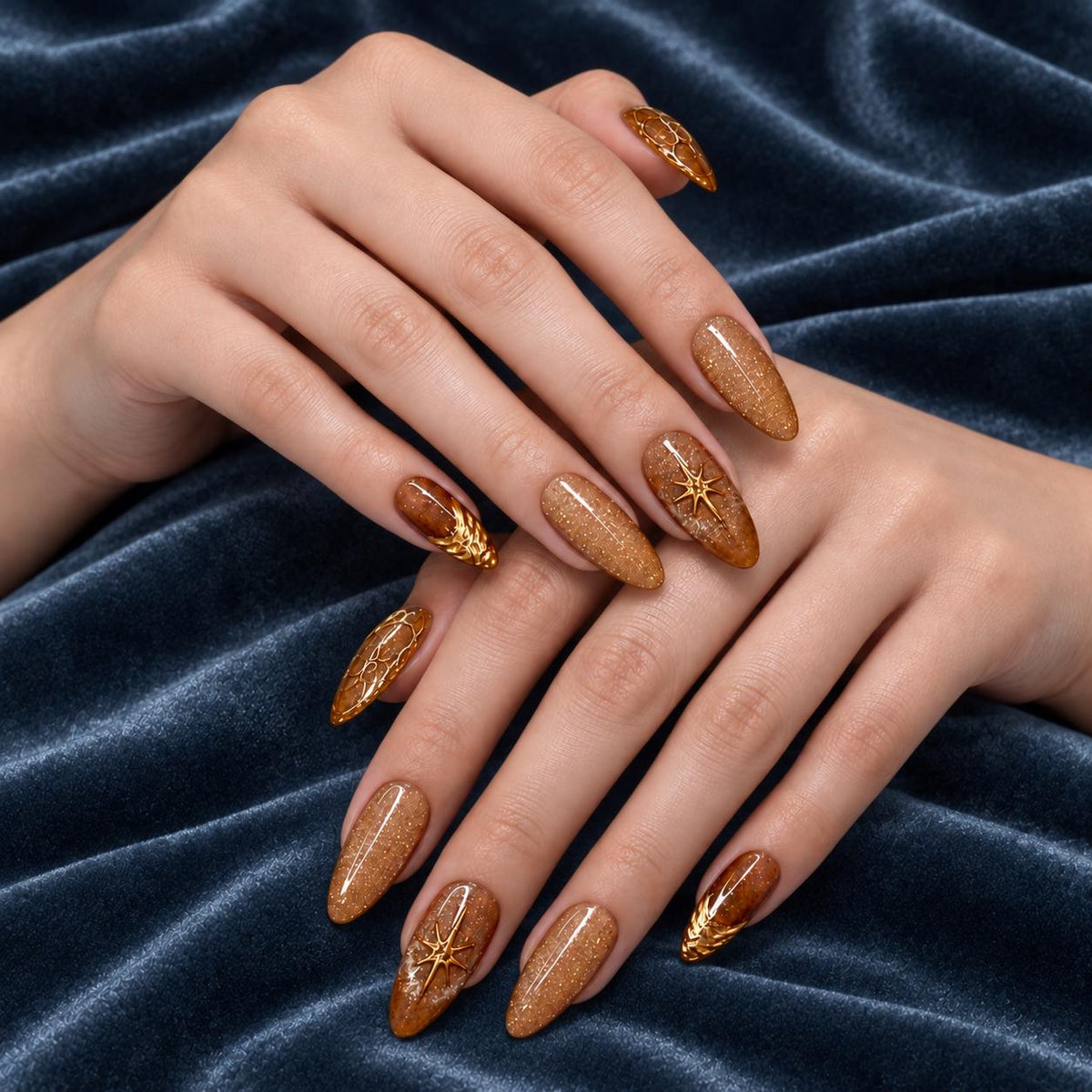 Golden Amber Celestial Press-On Nails – Shimmering Almond