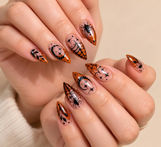 Halloween Spider Web Press-On Nails – Amber Orange Spooky Stiletto