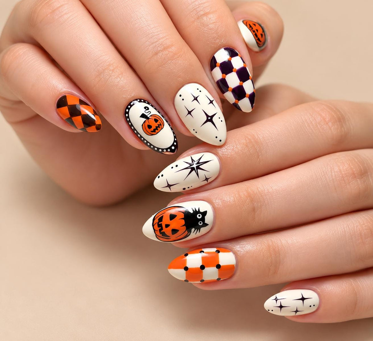 Halloween Pumpkin Press-On Nails – Black Cat Checkerboard Spooky
