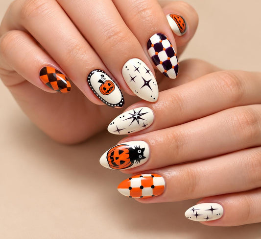 Halloween Pumpkin Press-On Nails – Black Cat Checkerboard Spooky