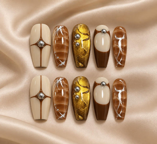 Brown Gold Press-On Nails – Caramel Plaid – Chrome Swirl