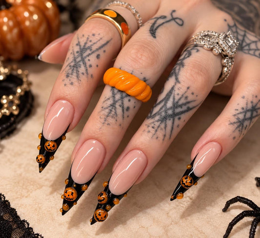 Halloween Pumpkin Press-On Nails – Black French Tip Jack O Lantern