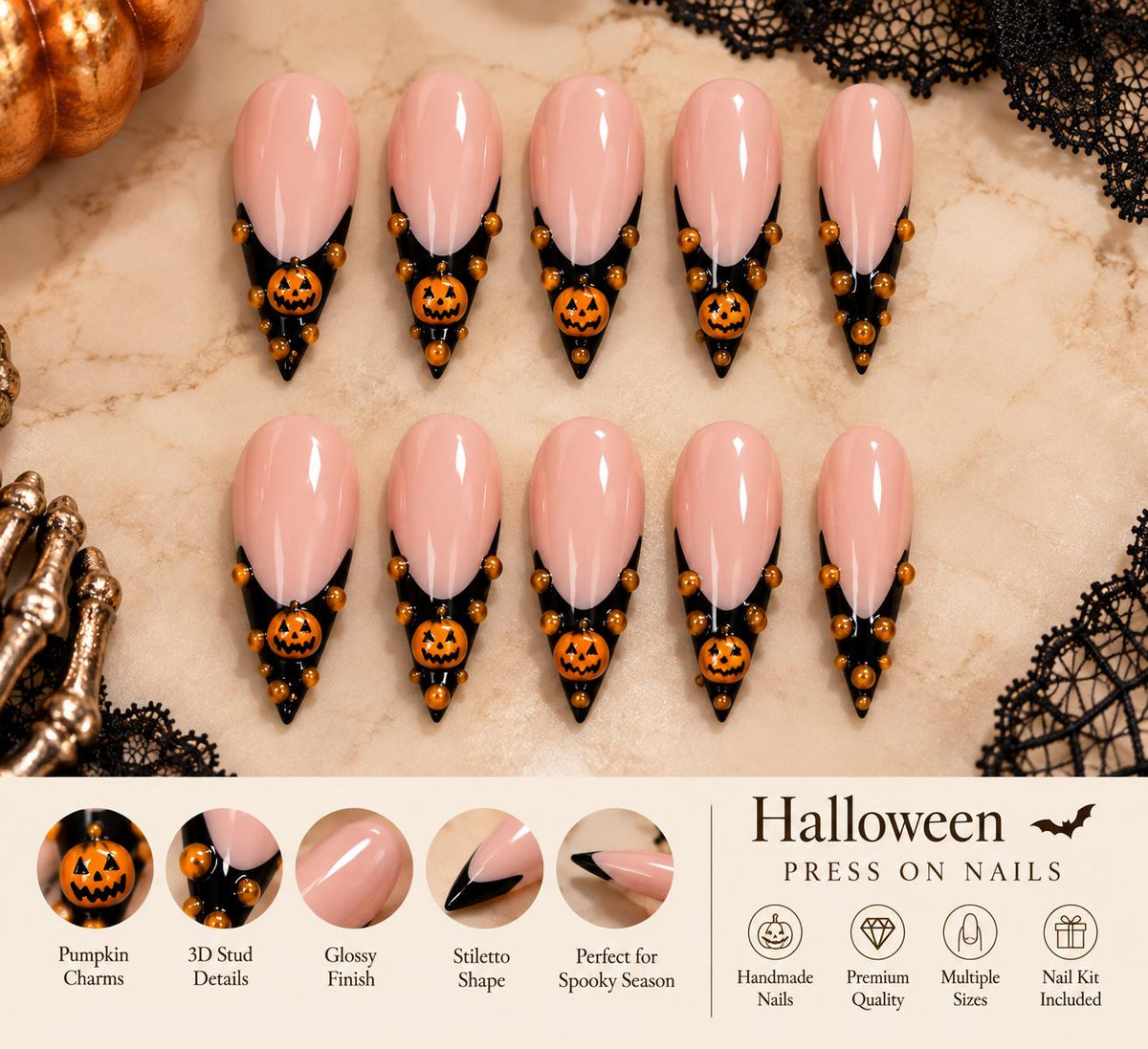 Halloween Pumpkin Press-On Nails – Black French Tip Jack O Lantern