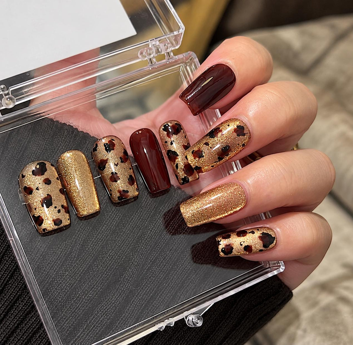 Leopard Print Press-On Nails – Chocolate Brown Gold Glitter – Fall Animal Print