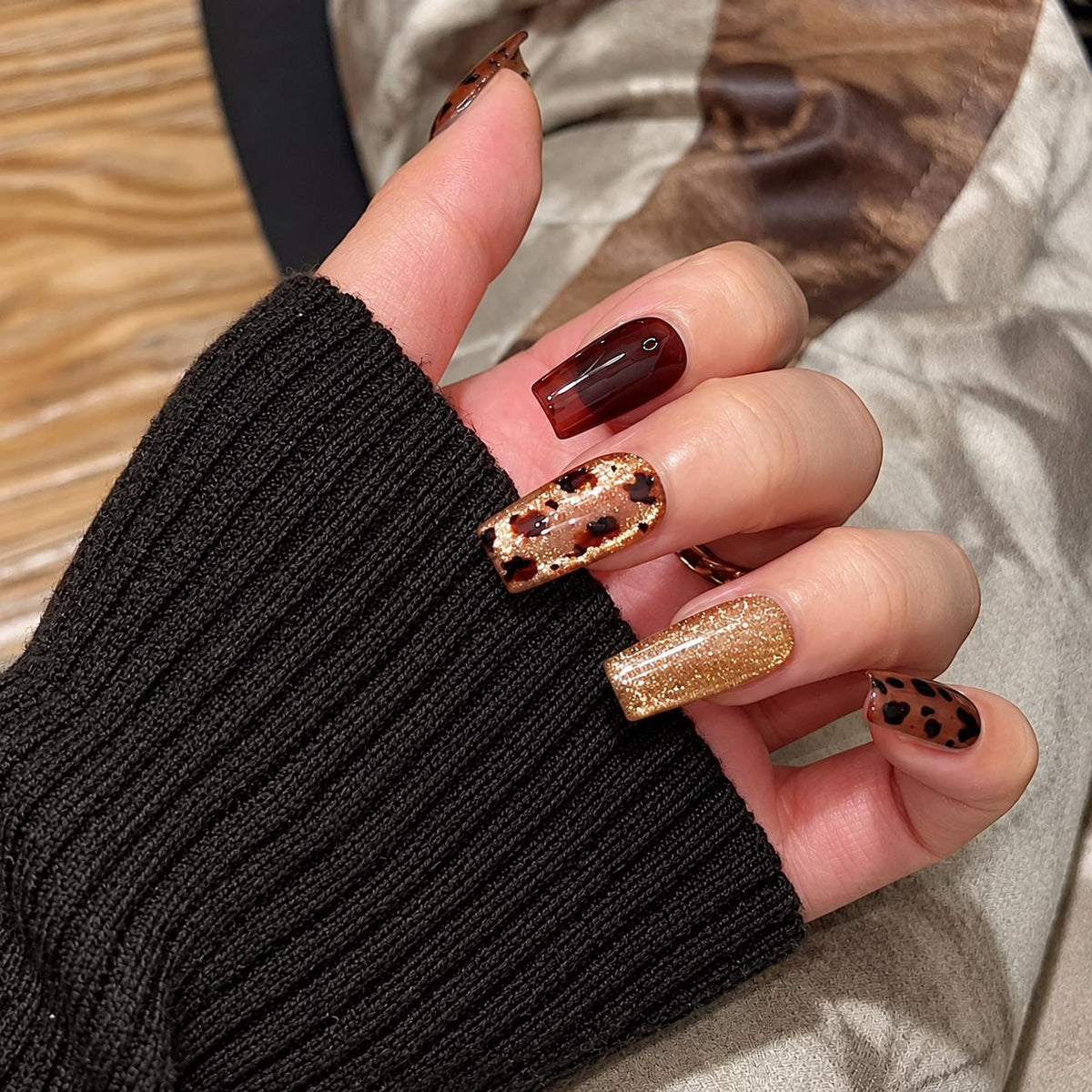 Leopard Print Press-On Nails – Chocolate Brown Gold Glitter – Fall Animal Print