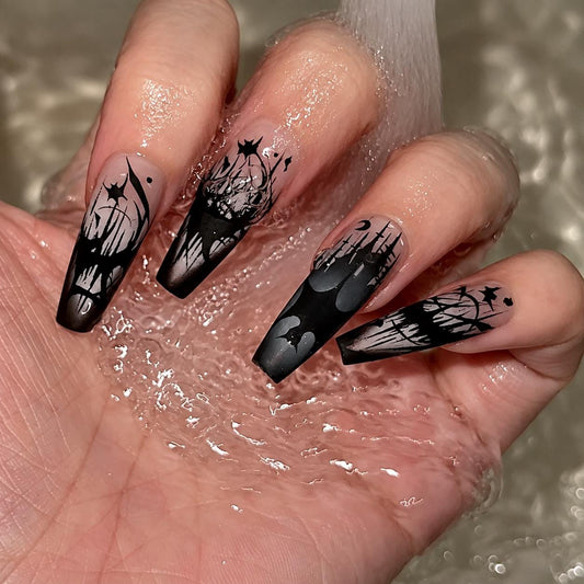Gothic Halloween Press-On Nails – Black Gray Coffin – Spooky Bat Moon