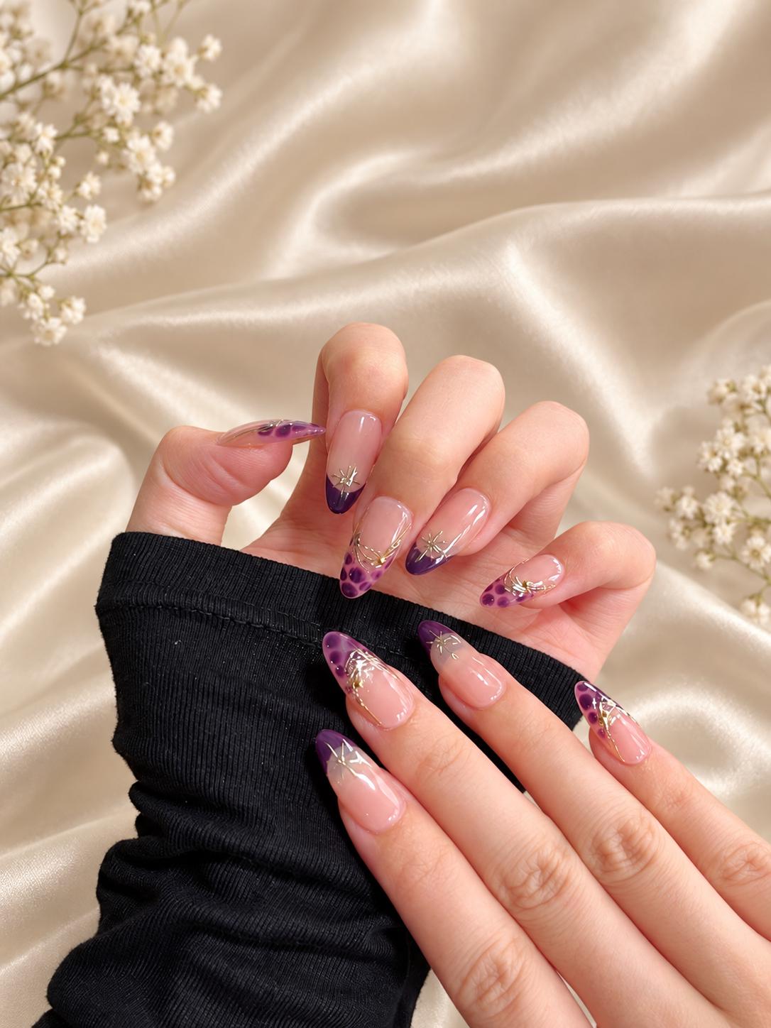 Purple Leopard French Press-On Nails with Gold Star Charms – Custom