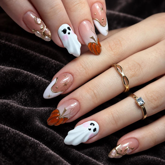 Cute Ghost and Pumpkin Press-On Nails – Pink Halloween – Gold Star Accents