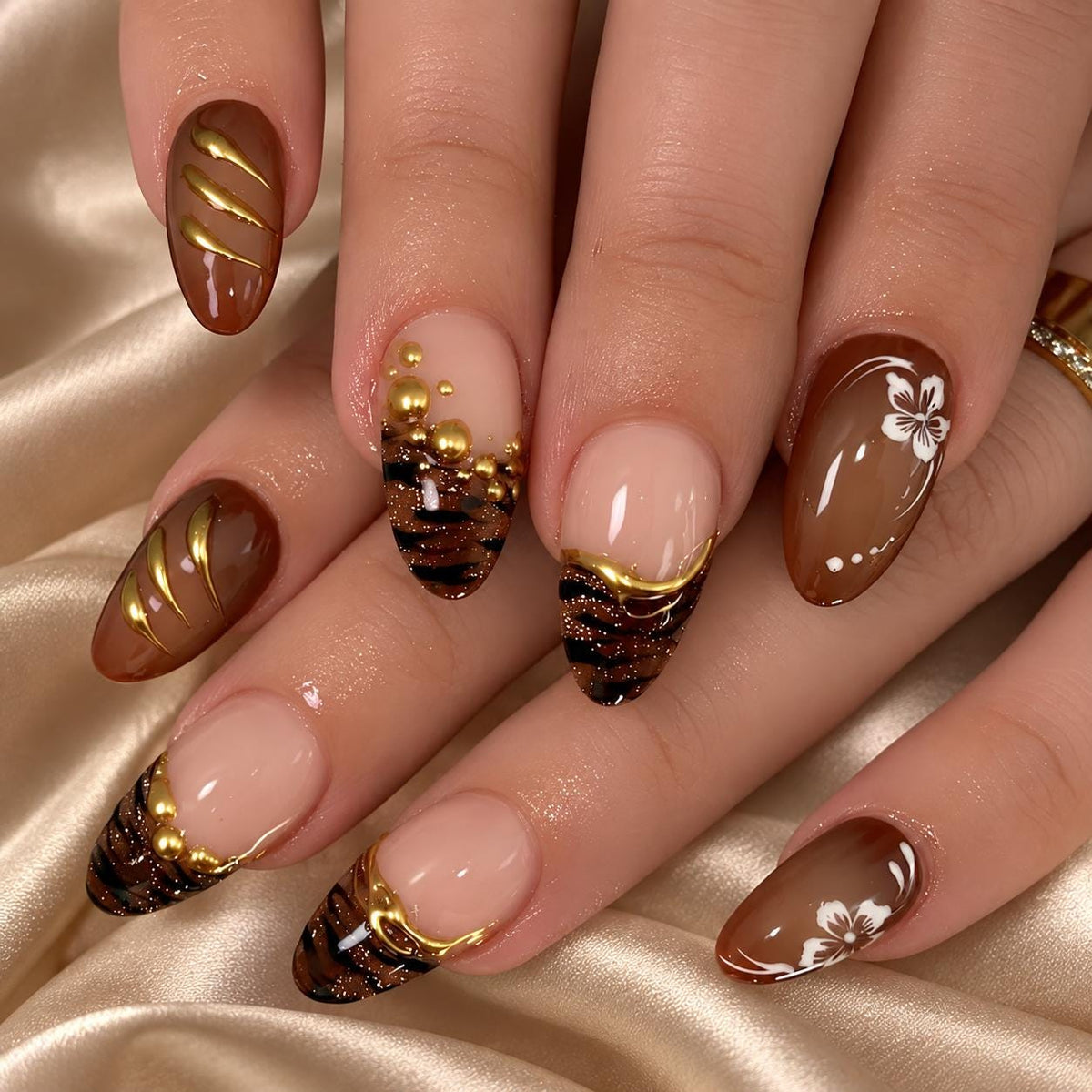 Chocolate Brown Press-On Nails – Gold Bead French Tips – White Floral
