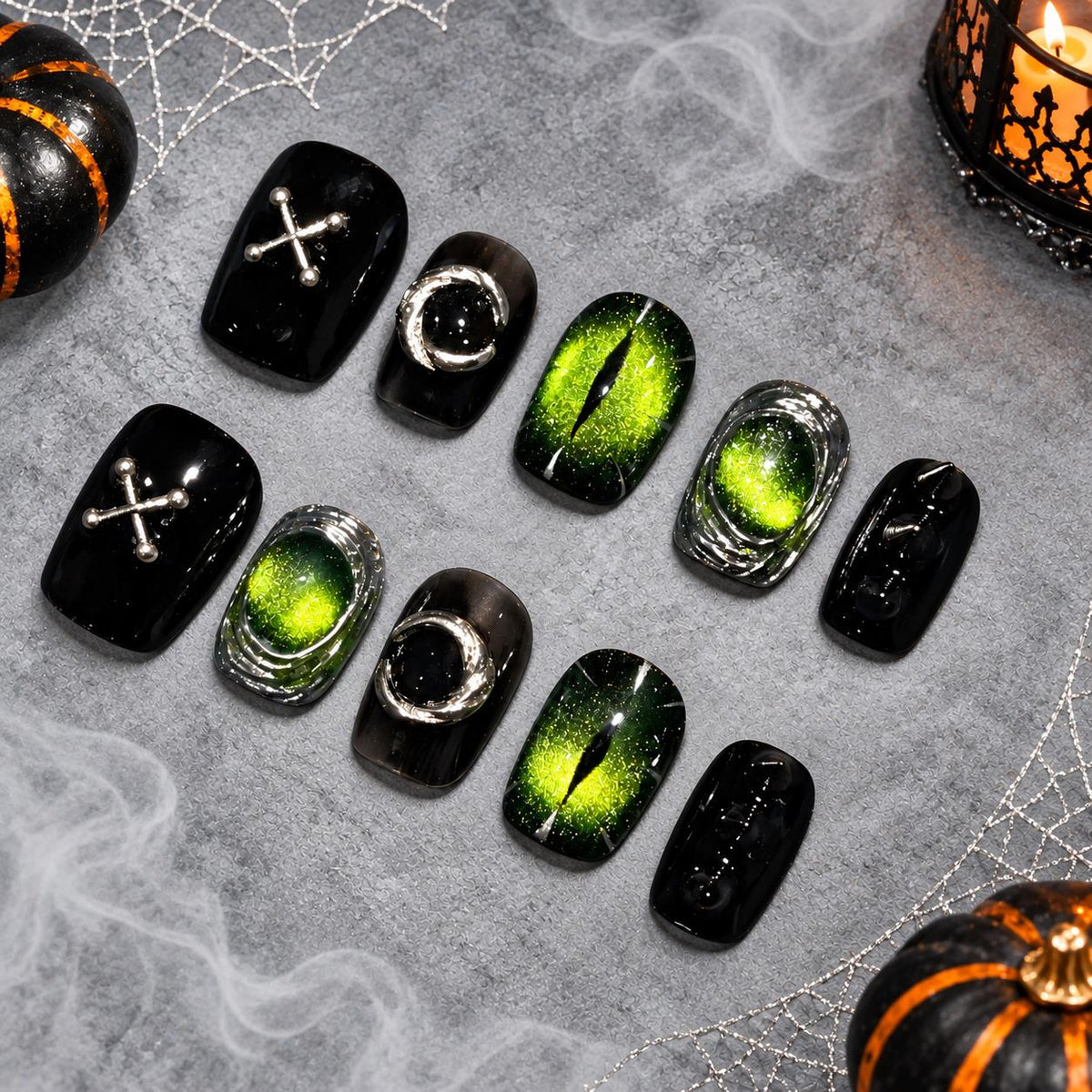 Green Cat Eye Press-On Nails – Black & Silver Gothic Halloween