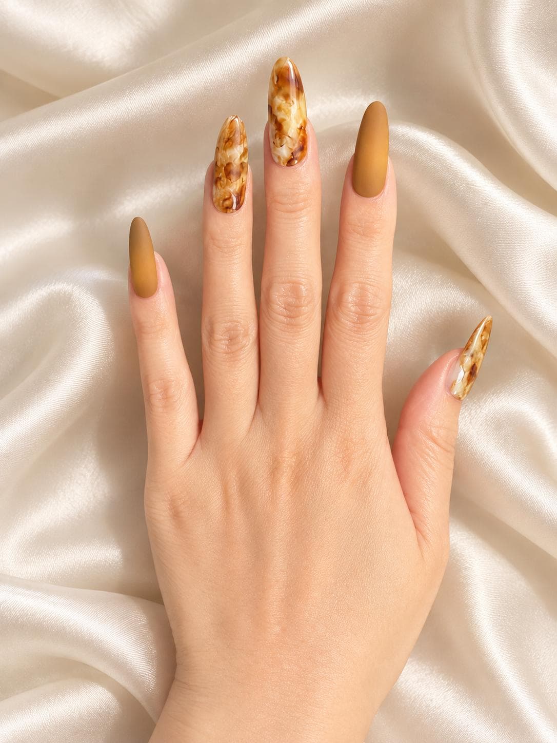 Mustard Yellow Press-On Nails – Amber Marble – Matte Autumn