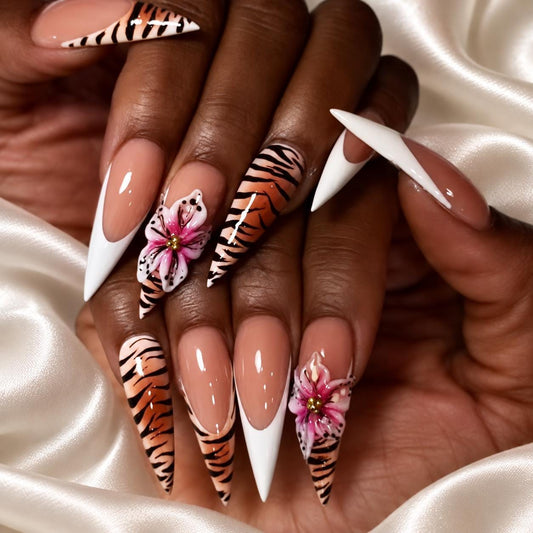 Tiger Stripe Press-On Nails – Pink 3D Flowers – White French Tips