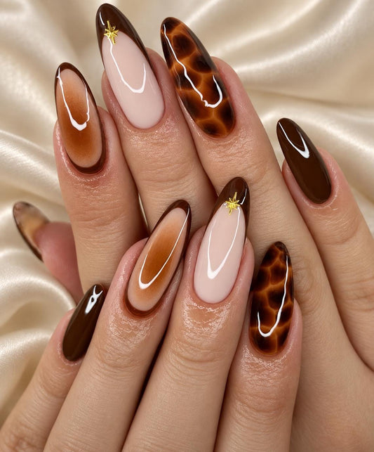 Tortoiseshell Press-On Nails – Caramel Aura – Brown French Tips and Gold Stars