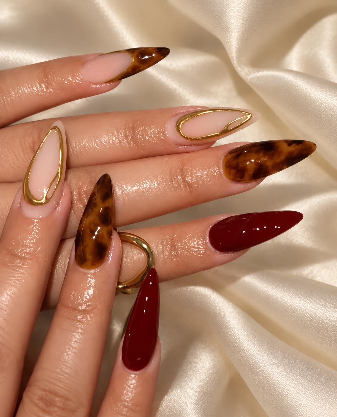 Tortoiseshell Press-On Nails – Burgundy – Nude French Tips and Gold Outlines