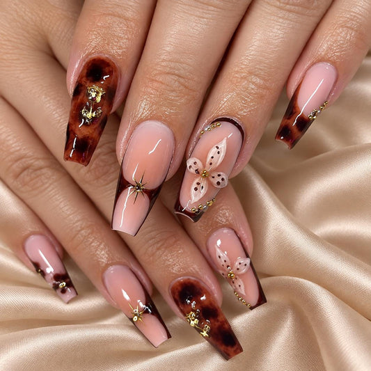 Tortoiseshell Press-On Nails – Nude Pink French Tips – 3D Flowers & Gold Accents