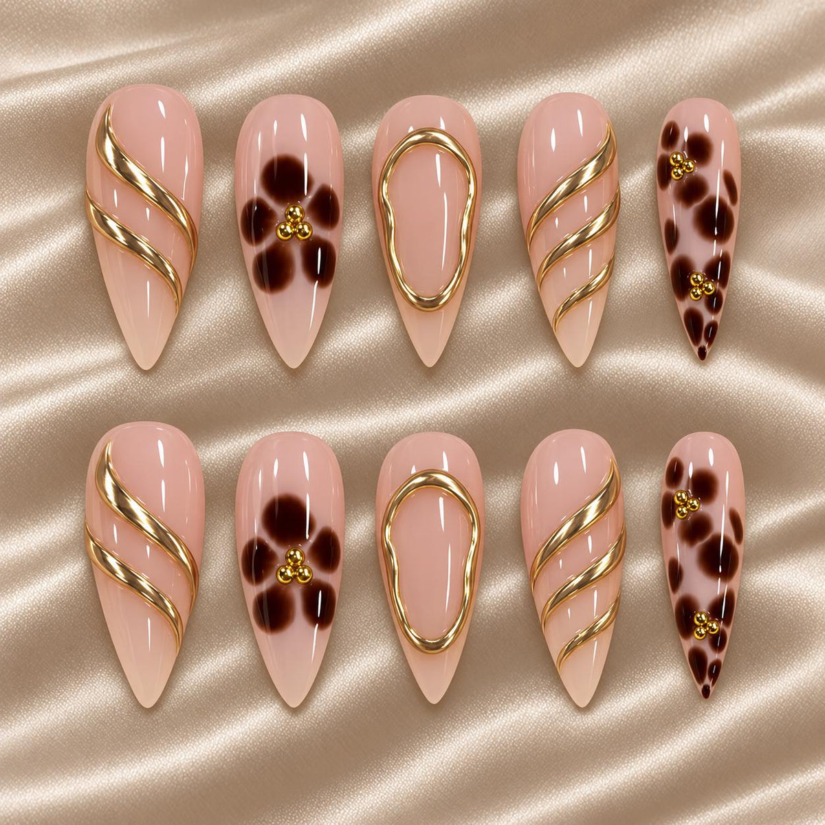 Brown Floral Press-On Nails – Nude Pink with Gold Swirls & Details