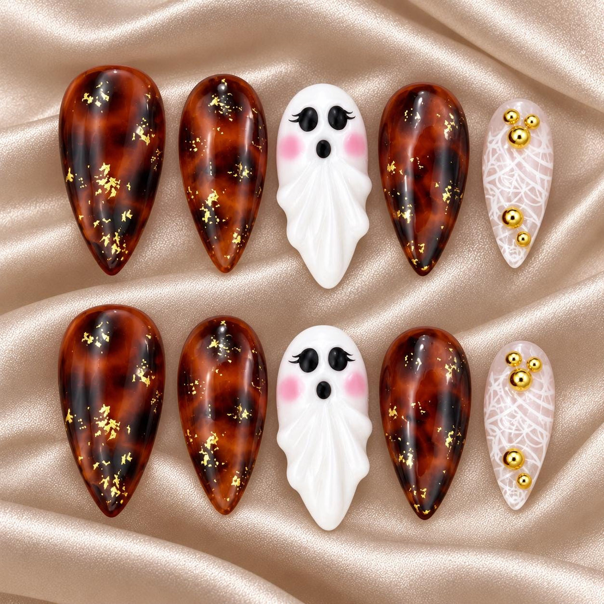 Halloween Ghost Press-On Nails – Tortoiseshell – 3D Ghosts