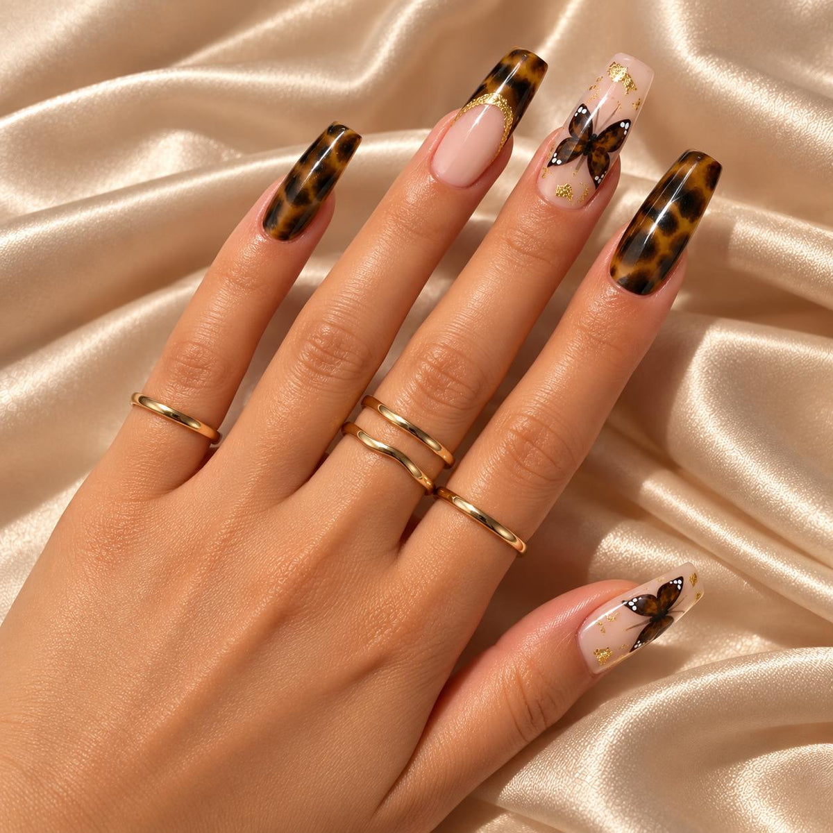 Tortoiseshell Butterfly Press-On Nails – Nude Gold Foil French Tips