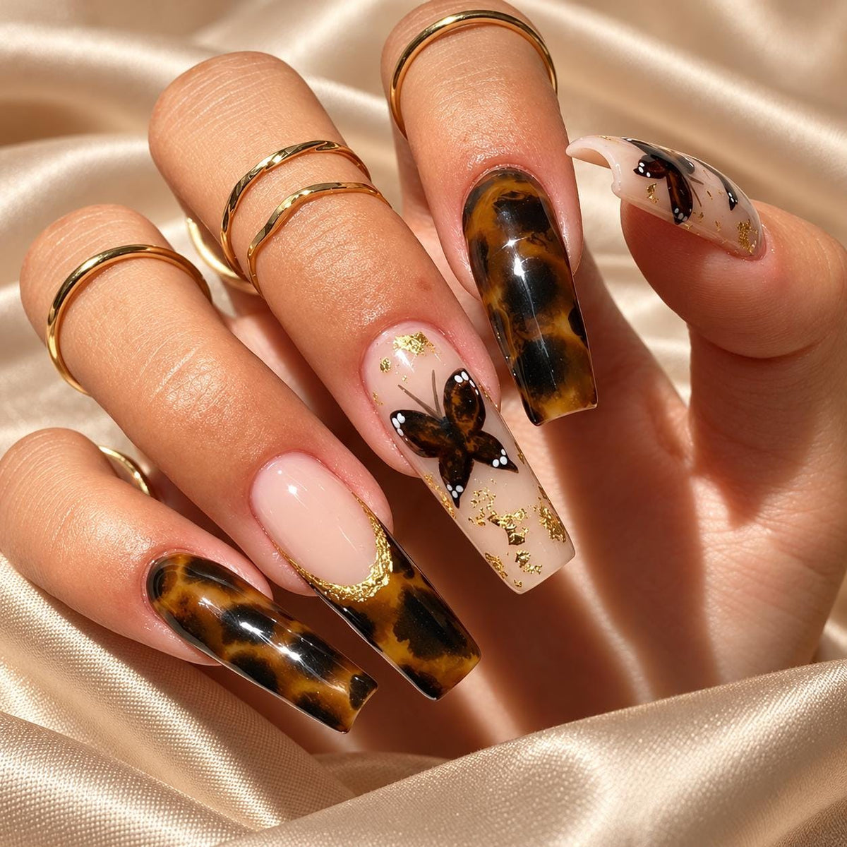 Tortoiseshell Butterfly Press-On Nails – Nude Gold Foil French Tips