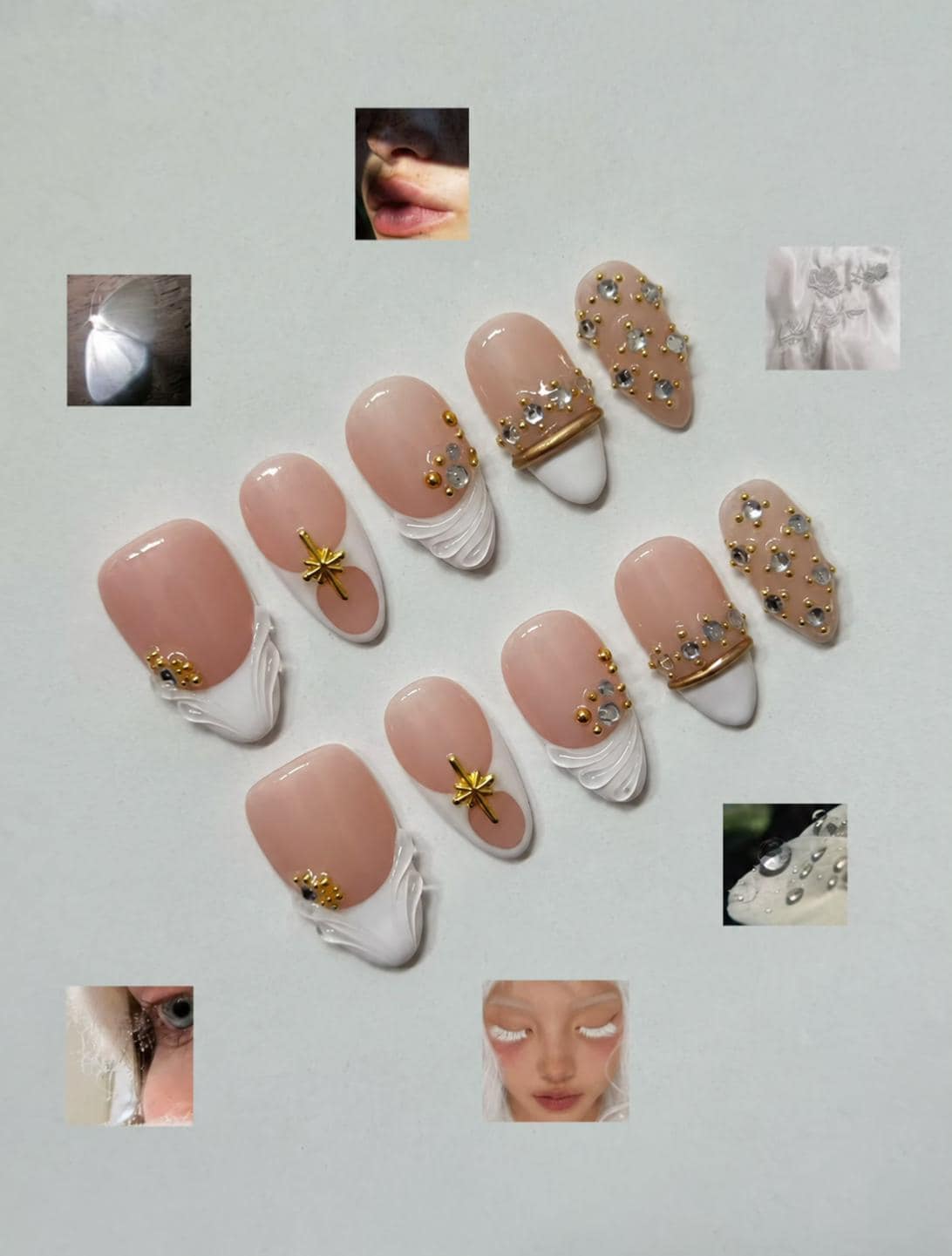 Nude White Press-On Nails – Gold Star Charms – Rhinestones & 3D French Tips