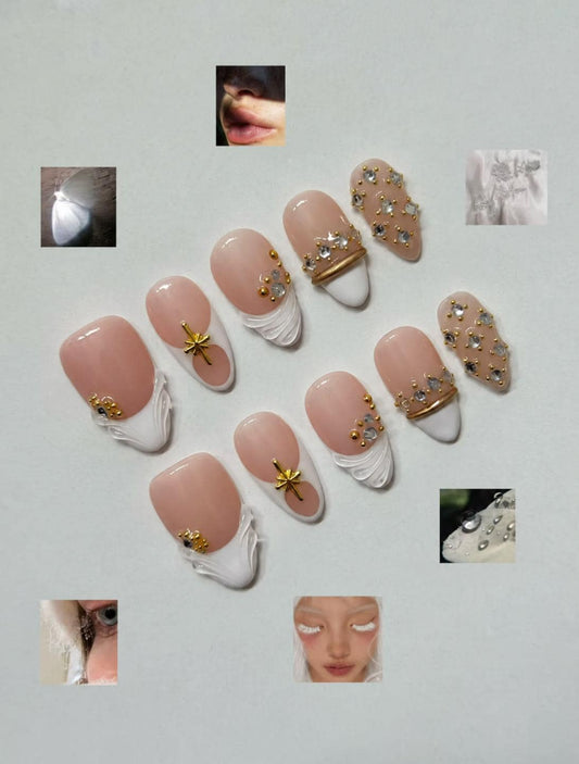 Nude White Press-On Nails – Gold Star Charms – Rhinestones & 3D French Tips