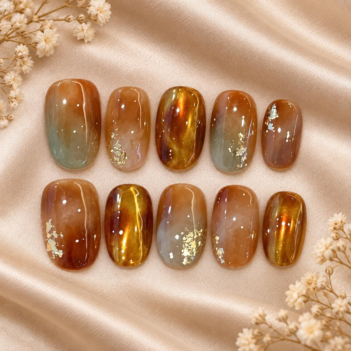 Amber Tortoiseshell Press-On Nails – Smoky Olive Brown Gradient – Gold Foil Chrome