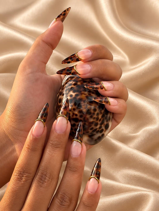 Tortoiseshell French Press-On Nails – Gold Outline – Nude Brown Fall