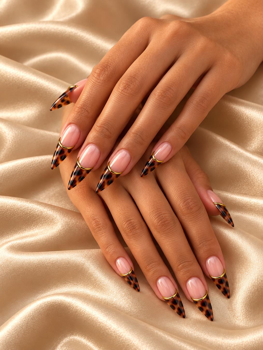 Tortoiseshell French Press-On Nails – Gold Outline – Nude Brown Fall