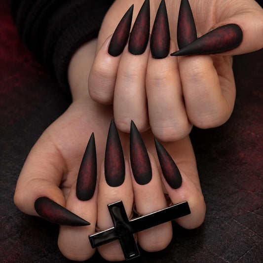 Blood Veil Press-On Nails – Matte Black Burgundy Smoky Gothic Halloween