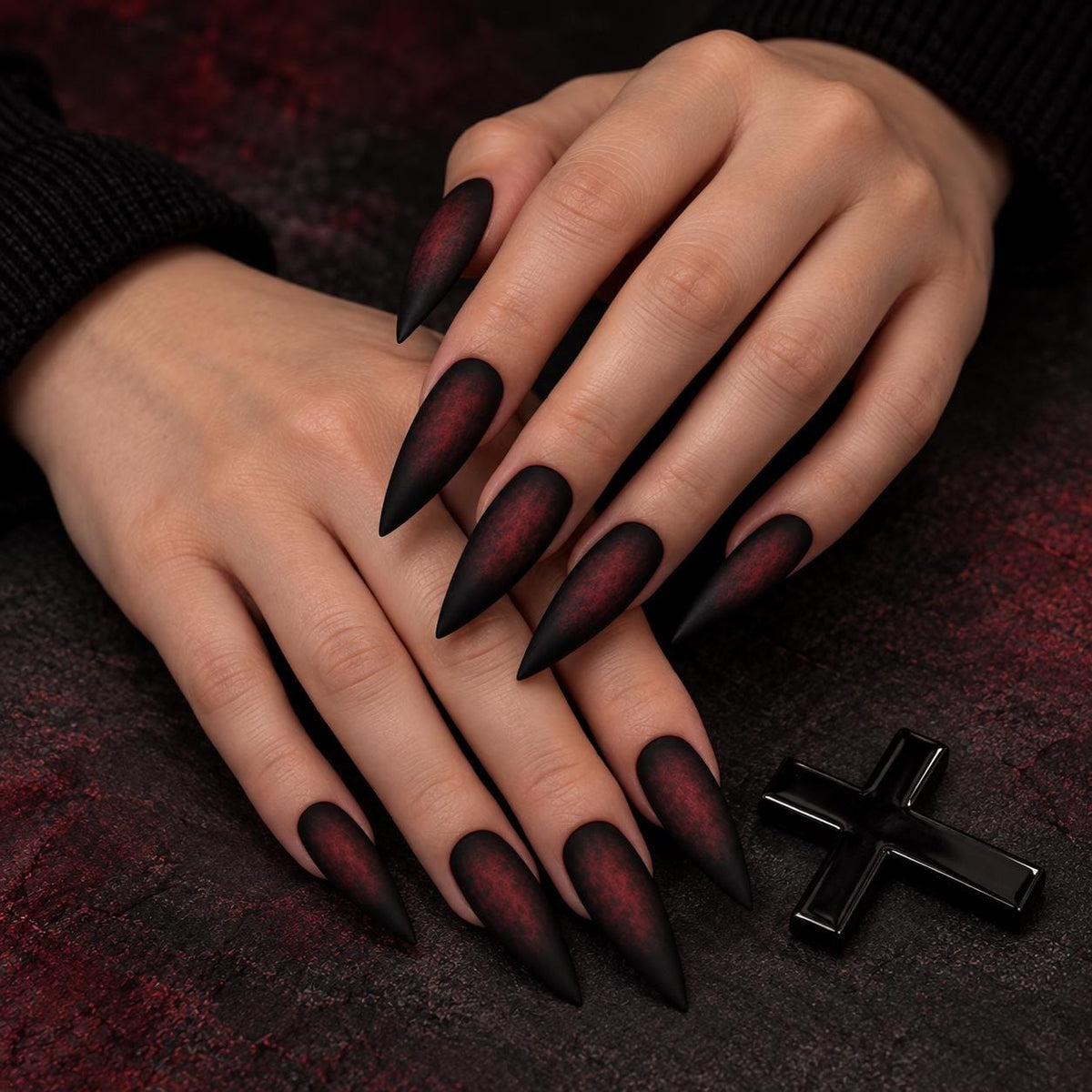 Blood Veil Press-On Nails – Matte Black Burgundy Smoky Gothic Halloween