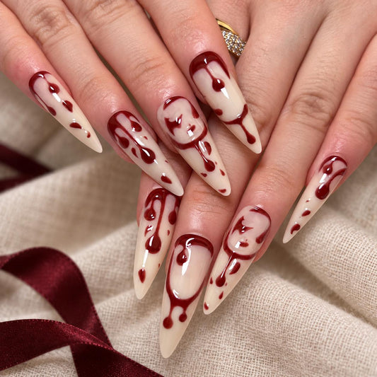 Burgundy Blood Drip Press-On Nails – Ivory Halloween Gothic Vampire Custom