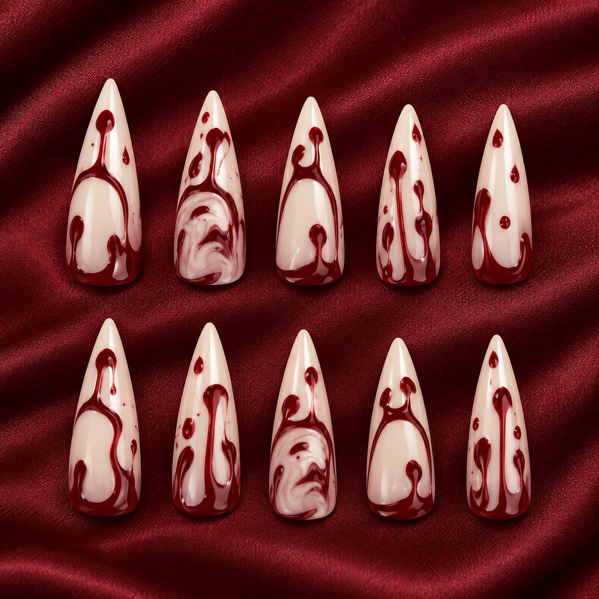 Burgundy Blood Drip Press-On Nails – Ivory Halloween Gothic Vampire Custom