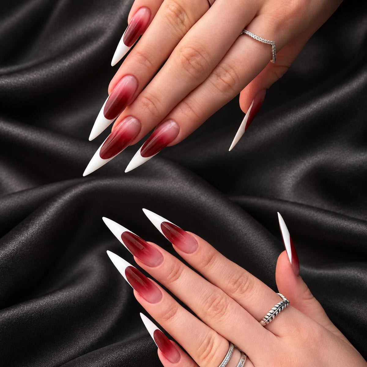 Vampire Blood French Tip Press-On Nails – Burgundy Ombre Halloween Stiletto Set